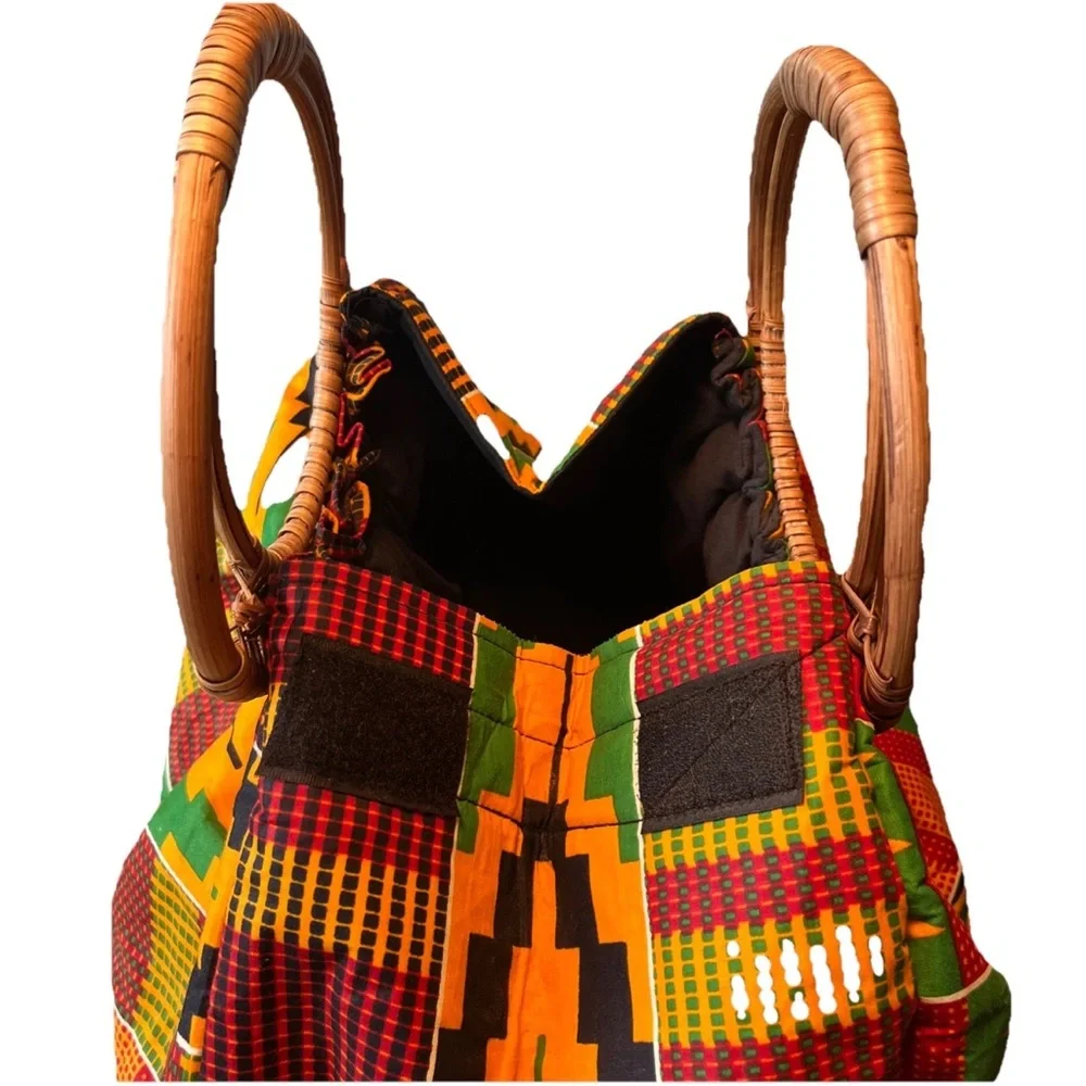 Kente Cloth Purse Handbag Tote Round Woven Handles Attached Coin purse - Picture 5 of 10